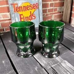 2 Georgian Emerald Green Tumbler Glasses Honeycomb Drinkware 4.25” Unmarked