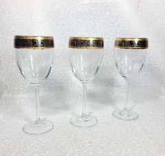 Baroque Elegant Gold/Platinum Banded 8 1/4″ Stemed Wine Glasses Goblets Set of 3