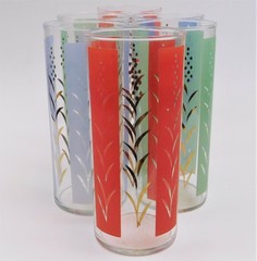 6 Mid Century Modern Gold Red Green Blue Drinking Glasses Tumblers Vintage