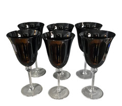 Vintage Set of Six Black Dark Amethyst Clear Stem Goblets Glasses