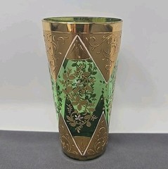 Antique Moser Bohemian Green Juice Glass Heavy Gold and Enamel Detail 4″