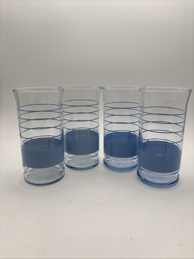Set of 6 Vintage Libbey Periwinkle Blue Striped Glass Tumblers 12 Oz.