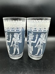 HAZEL ATLAS BLUE & WHITE EGYPTIAN HIEROGLYPHS HIGHBALL GLASS 16OZ Set of 2