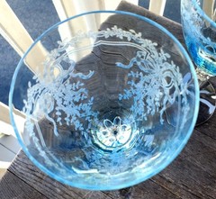 Pair of Fostoria Etched June Azure Blue 8.25″ Wine / Water Glasses