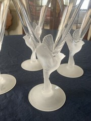 4-Sasaki Crystal Goblets with Frosted Doves Birds by Etuso Yamagishi
