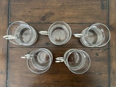 Lot of 5 Vintage Littala Tsaikka Finland Tea Coffee Cups Glass & Metal Sarpaneva