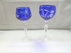 Bohemian Czech Vintage Cobalt Blue Cut to Clear Crystal 7.75″ Goblet Wine Water