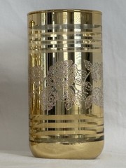 1960s Set Of 5 Gilt Gold Glass Cup Tumblers With Silver Roses, Clear Stripes MCM