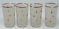Vintage Atomic Starburst Frosted Gold Star Highball Glasses Set of 4 MCM Barware