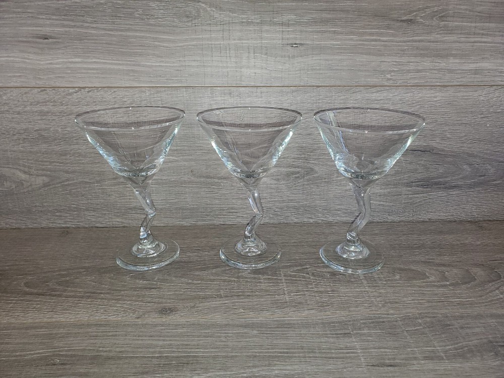 3 Libbey Z Stem Clear Martini Glasses Crooked Cocktail Cosmopolitan Glass Set