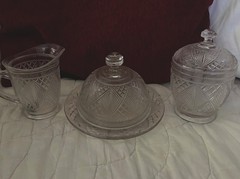 3 Piece Set Of Vintage Sunk Diamond And Lattice Depression Glass