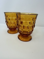 2 Vintage MCM Indiana Whitehall Cubist Amber Glasses Footed Juice Glasses