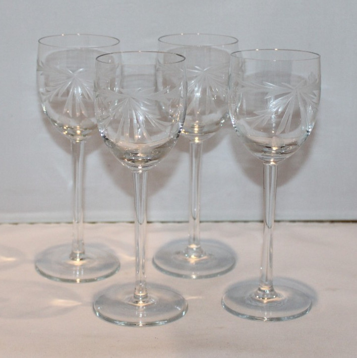 set of 4 etched crystal 7.5″ wine glasses stemware flowers leaves