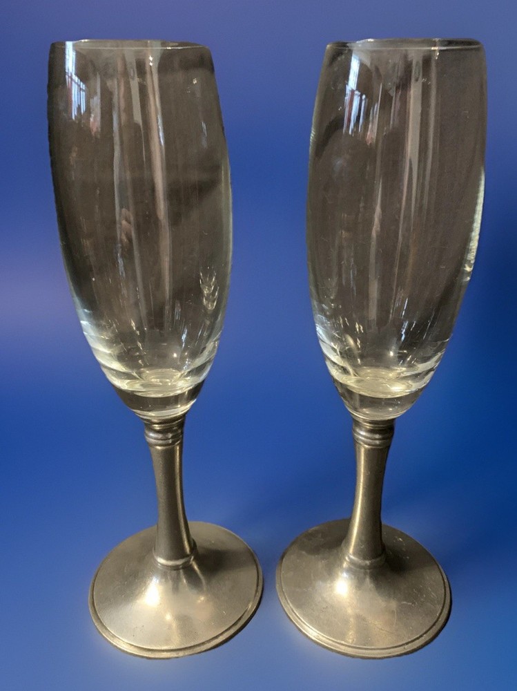 A Pair of Champagne Flutes with Pewter Base 8 – 1/2 in Tall
