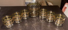 Vintage Set Of 7 Culver Valencia 22K Gold & Green Filigree Lowball Glasses