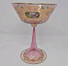 Venetian Enameled Figural Landscape Scene Pink Champagne / Sherbert Glass 6″ #2