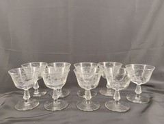 Set Of 9 Etched Coupe Sherbet 4 1/2 In Clear Glasses