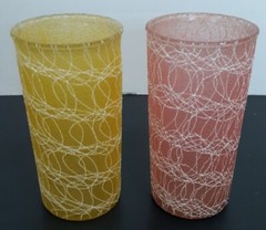 Set of 2 50s Rubber Spaghetti String Glass Tumbler MCM Beverage Cup 12oz Vintage