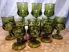 8 Vintage King’s Crown Color Crown Green 5 5/8″ Water Goblets Wine Glasses SET