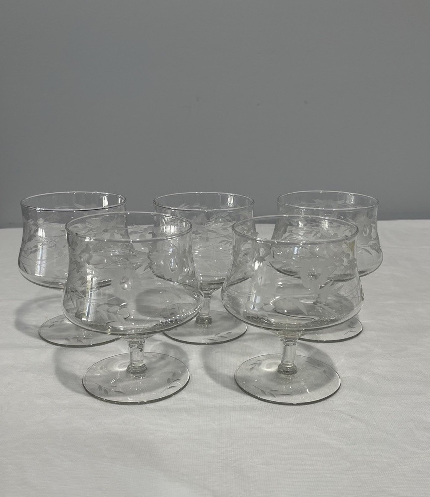 Vintage etched clear seafood cocktail serving snifter glasses set of 5