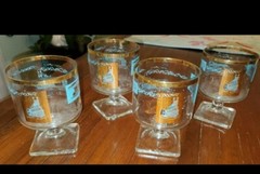 (8) Footed Libbey Southern Comfort Rocks Glasses Vintage Steamboat 22kt Gold