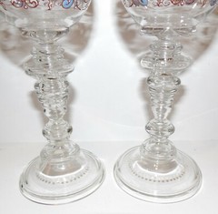 VINTAGE PAIR FRITZ HECKERT ART GLASS FACE BLUE BIRD ENAMEL 7 1/4″ WINE GLASSES