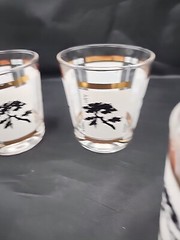 4 Far East Bonsai Tree Whiskey Rocks Glasses MCM Gold Black White Vtg Asian Vibe