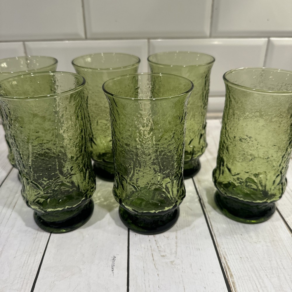 Vintage Anchor Hocking Green Rain Flower Set Of 6 MCM 5 1/2” Iced Tea Tumblers