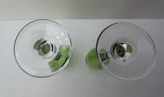 Green Champagne Flutes with Clear Stem Etched Asian Etchings Glasses Set Of 2
