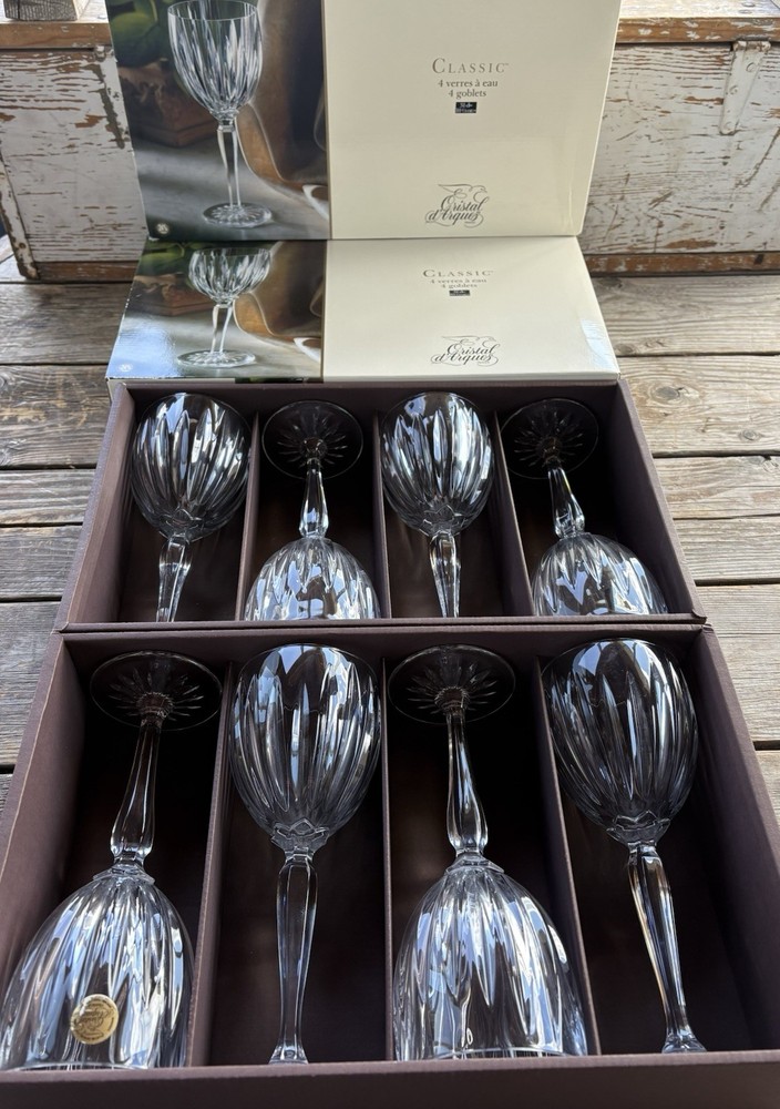8 Cristal De Arques 24% Lead Crystal Stemmed Goblits With Original Boxes 10.25oz