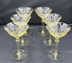 Rare 6 Maryland Glass Co, 1920’s Vaseline Diana & Nymph” Champagne Glasses Glow
