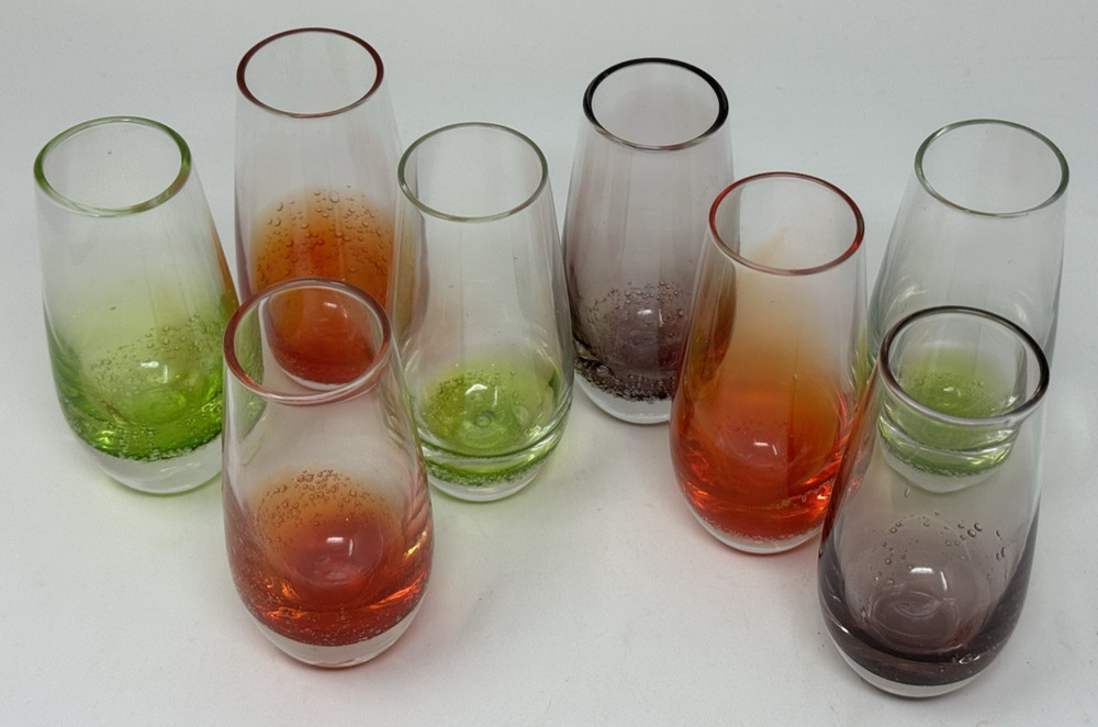 Pier 1 Bubble Base 4″ Cordials / Shot Glasses ~ Purple Orange Lime Green