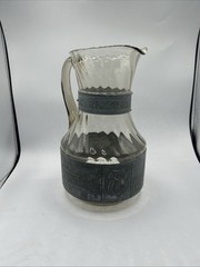 Vintage Silver Pewter Etched Wine Pitcher Ewer Warszawa Smoky Glass W/5 Glasses