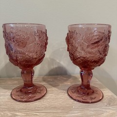 2 Fenton LG Wright – MADONNA INN – Wild Rose DARK PINK 6.5″ WATER Glass Goblet