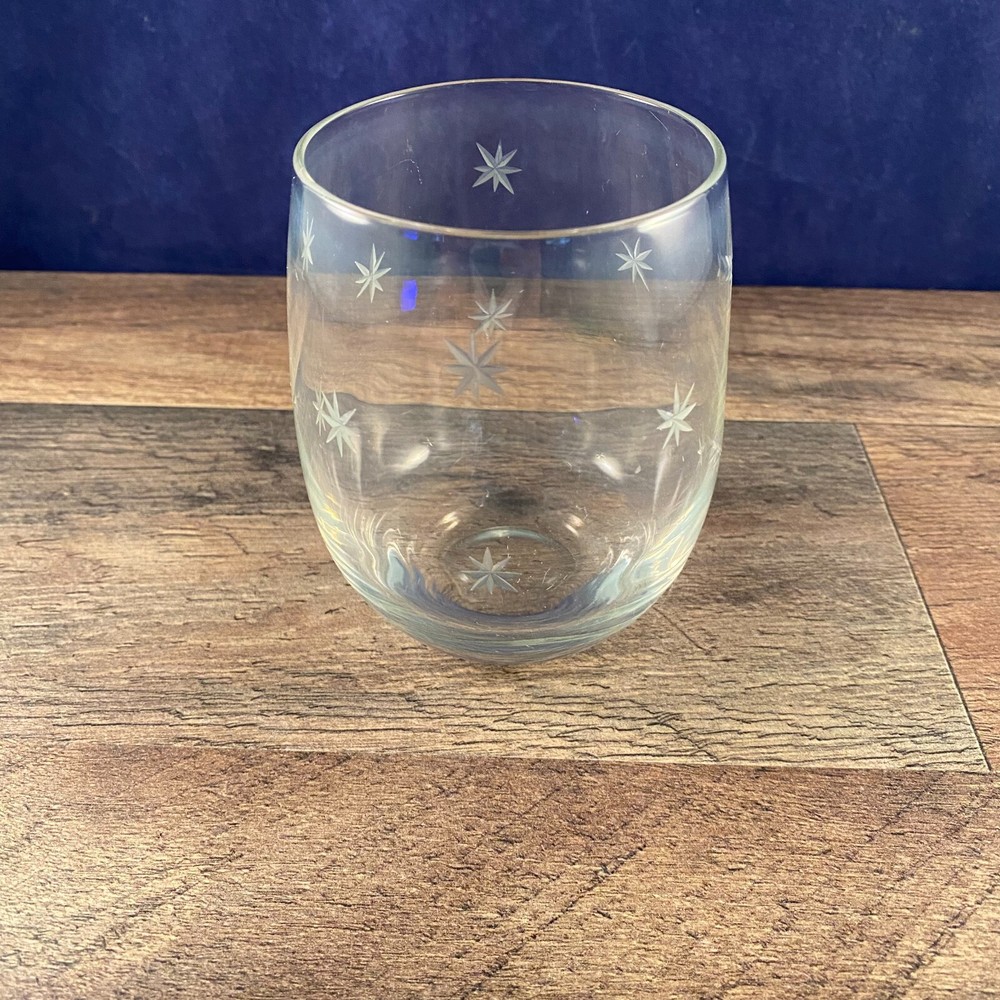 MCM Etched Star Clear Glass Stemless Wine Glass 3.25″DIA x 4″H