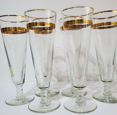 Vintage MCM Libbey Gold Laurel Leaf Border and Rim, Twisted Stem, Pilsner, (6)