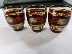 BOHEMIAN CZECH SET of 3 Bohemian Shot Bar Liqueur Glasses Brown & Gold Floral