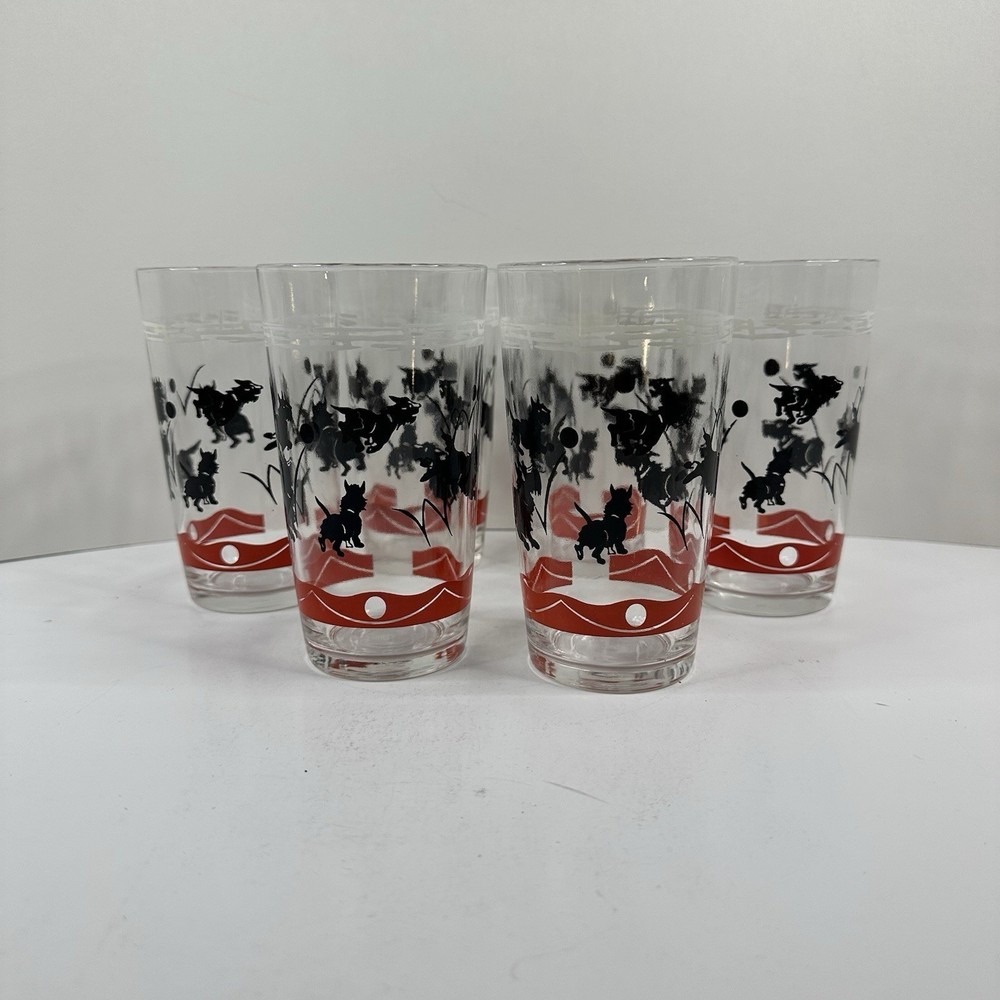 Set of 6 Federal Glass Scotty Dog Black Terrier Playing Fetch Tumbler Glasses