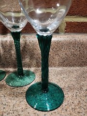 Rhine Crystal MCM Vtg 1960s Beveled Wine Glasses Twisted Emerald Stems Set Of 4