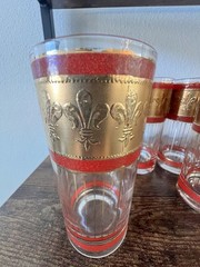 Vintage Signed Culver Set of 8 Highball Glasses Red 22K Gold Fleur De Lis MCM