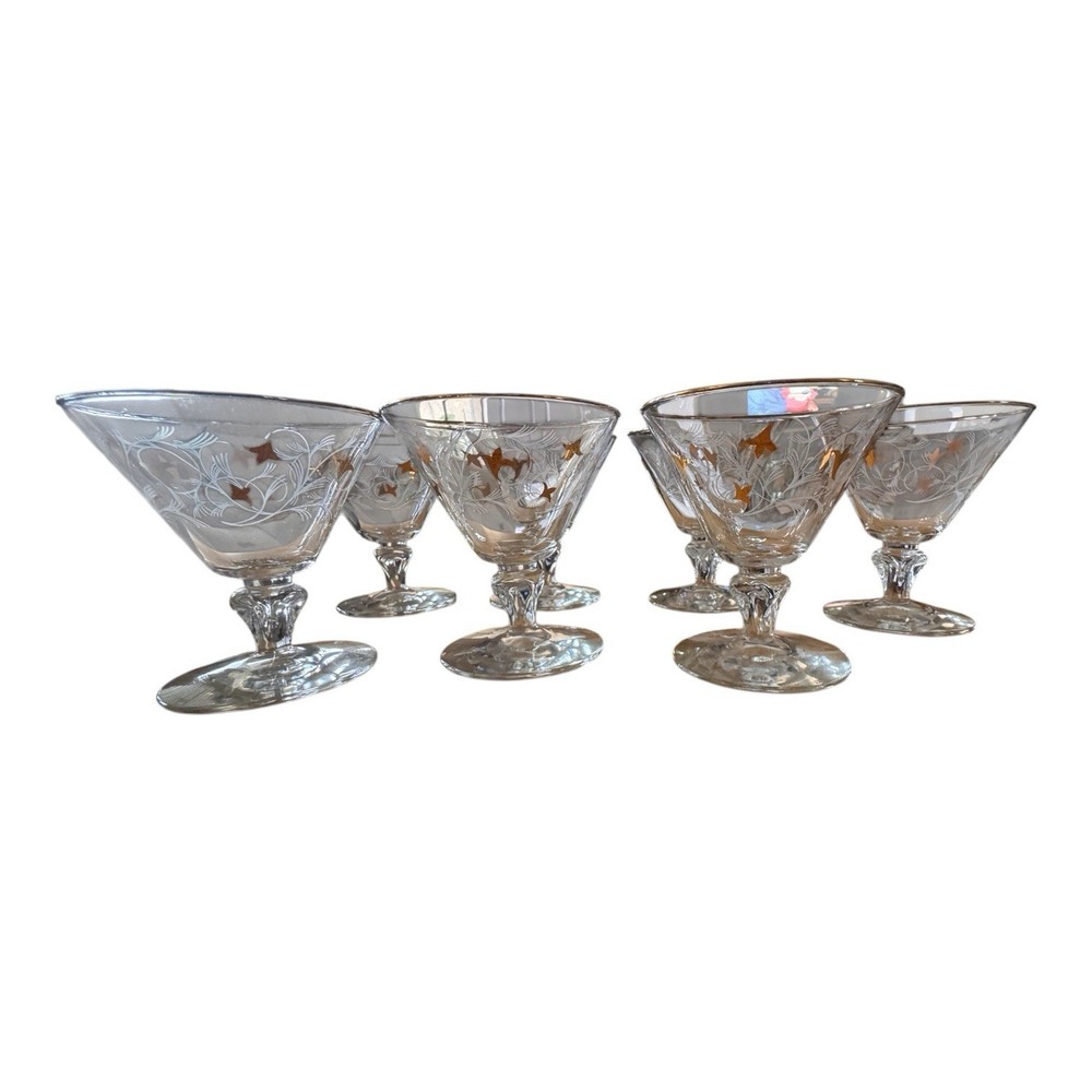 Vintage 7 Gold Etched Champagne Coupe Sherbet Dessert Glasses Floral Vine