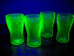 4 Green Depression Uranium UV Glow Glass Juice Tumblers, Cameo Ballerina, 3.75″