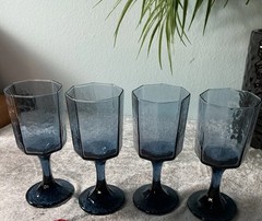 VTG 4 Set LIBBEY BLUE PANELED OCTAGON STEMMED JUICE GOBLETS FACET TEXTURED