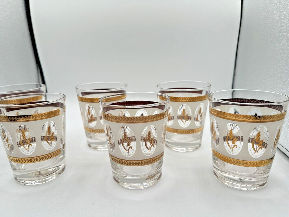 Vintage Dominion Glass MCM Wheat – Gold – Frosted High Ball Glass – Set of 6