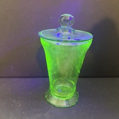 Hocking Glass Company Bowknot Vaseline Uranium Glass Tumbler W/ Unmatched Lid