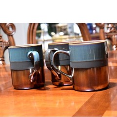 Set of 3 Pottery Mugs Ombre Glaze Blue Grey to Copper Stoneware Likely Roscher