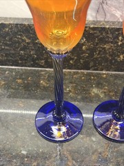 Glass Tulip Iridescent & Cobalt Blue Signed Rick Strini Wine Glasses