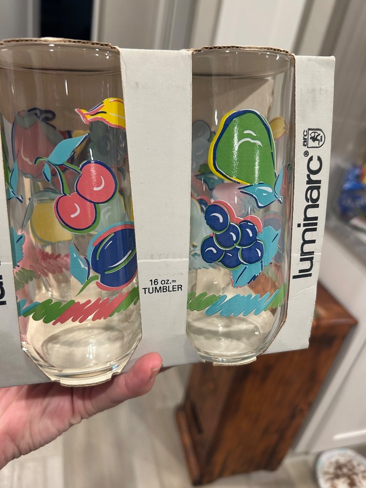 vintage Luminarc 16 oz fruit pattern tumblers, often referred to as a «Fun Fruit