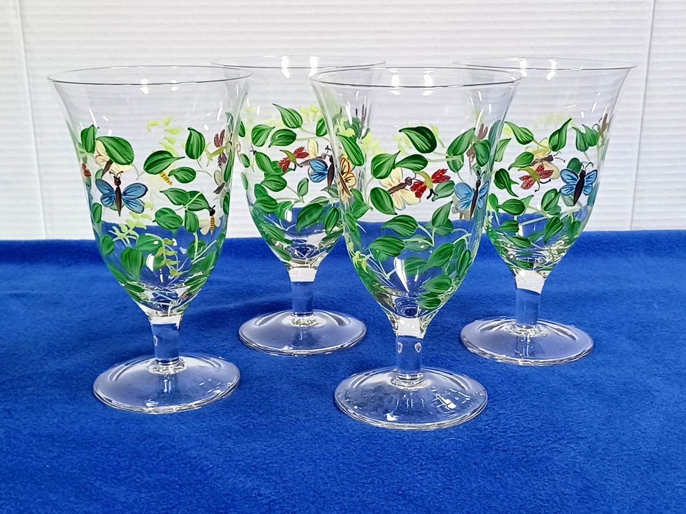 4 Crystal Butterfly Ice Tea Goblets 6-3/4″ H Water Glasses Spring Hand Painted