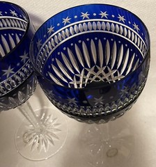 Cobalt Hungary Crystal Star Design 8.75” Wine Goblet Cut Stems Set Of 2 Unused